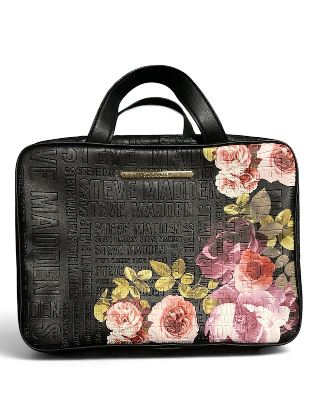 Steve Madden Floral Makeup Cosmetic Bag Zip Case w/ Handle, Pockets, Plastic